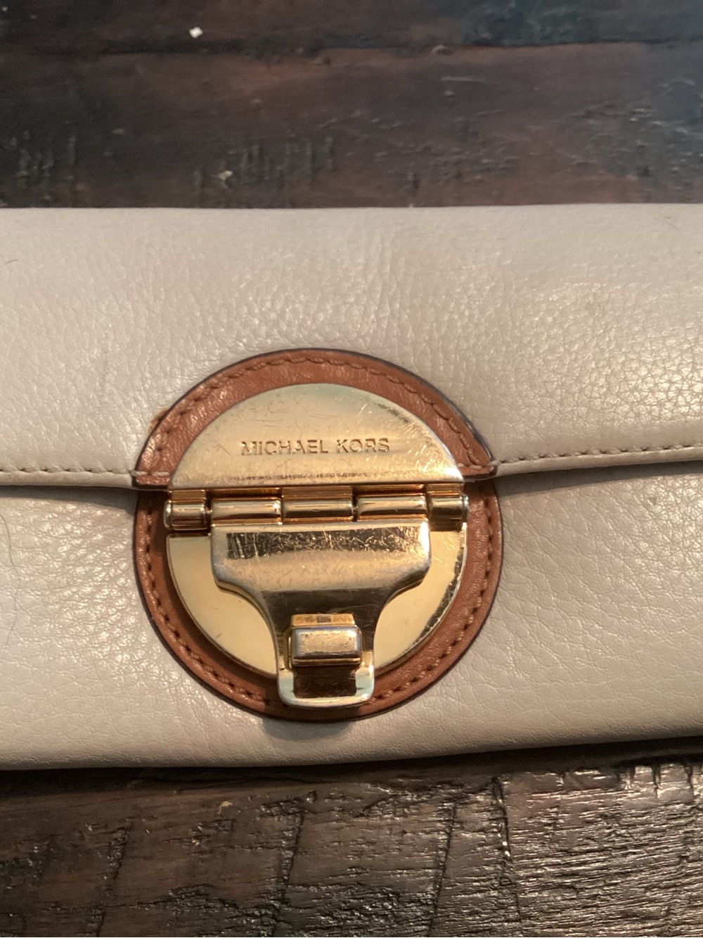 Michael Kors Cream Leather Clutch with Tan Trim and Gold Hardware